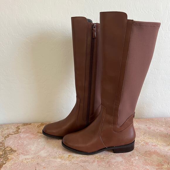 Cole Haan Noelle Brown Leather Knee High Stretch Riding Boots Womens 7.5 - Picture 1 of 15